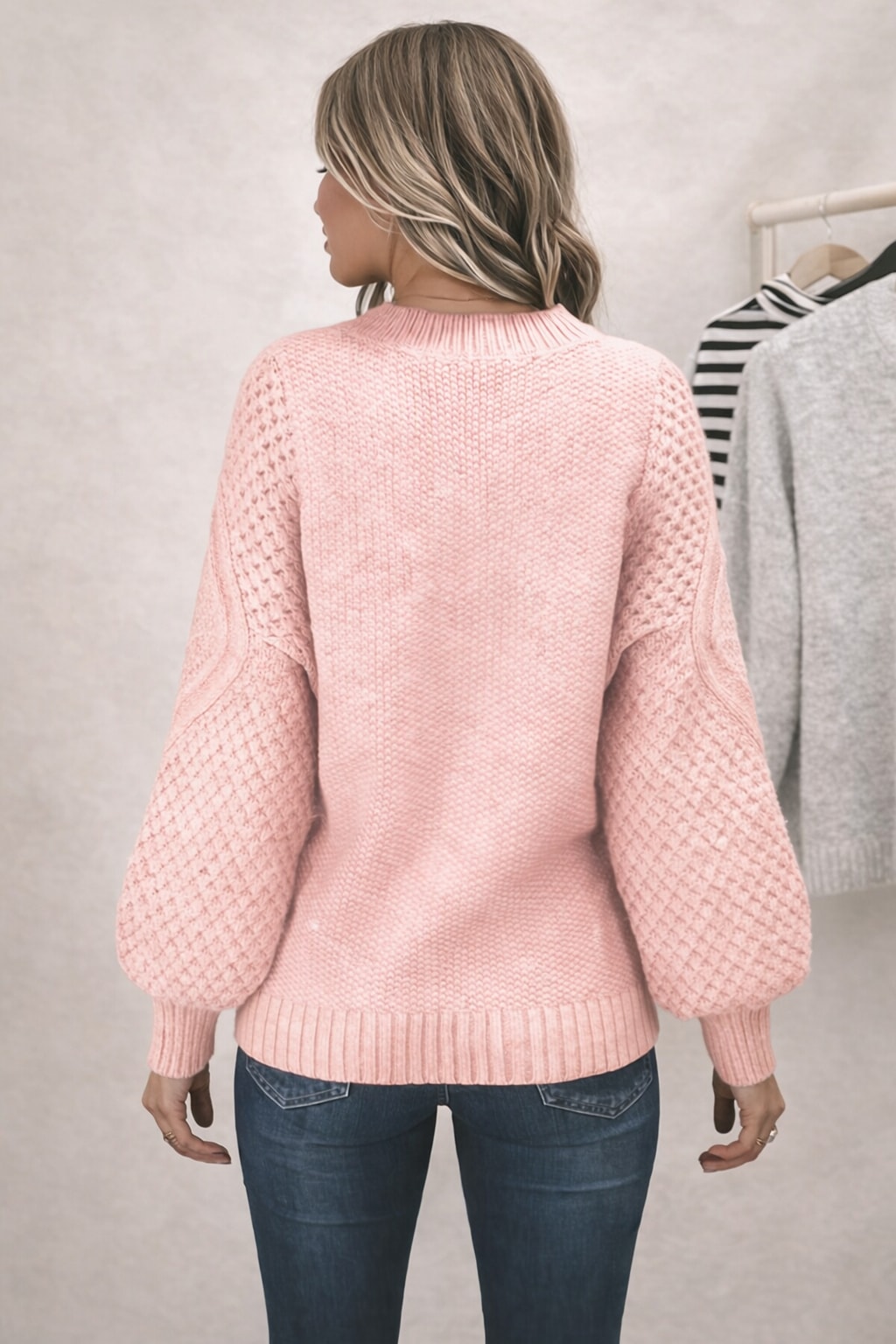 Knitted Sweater with Lantern Sleeves - 4