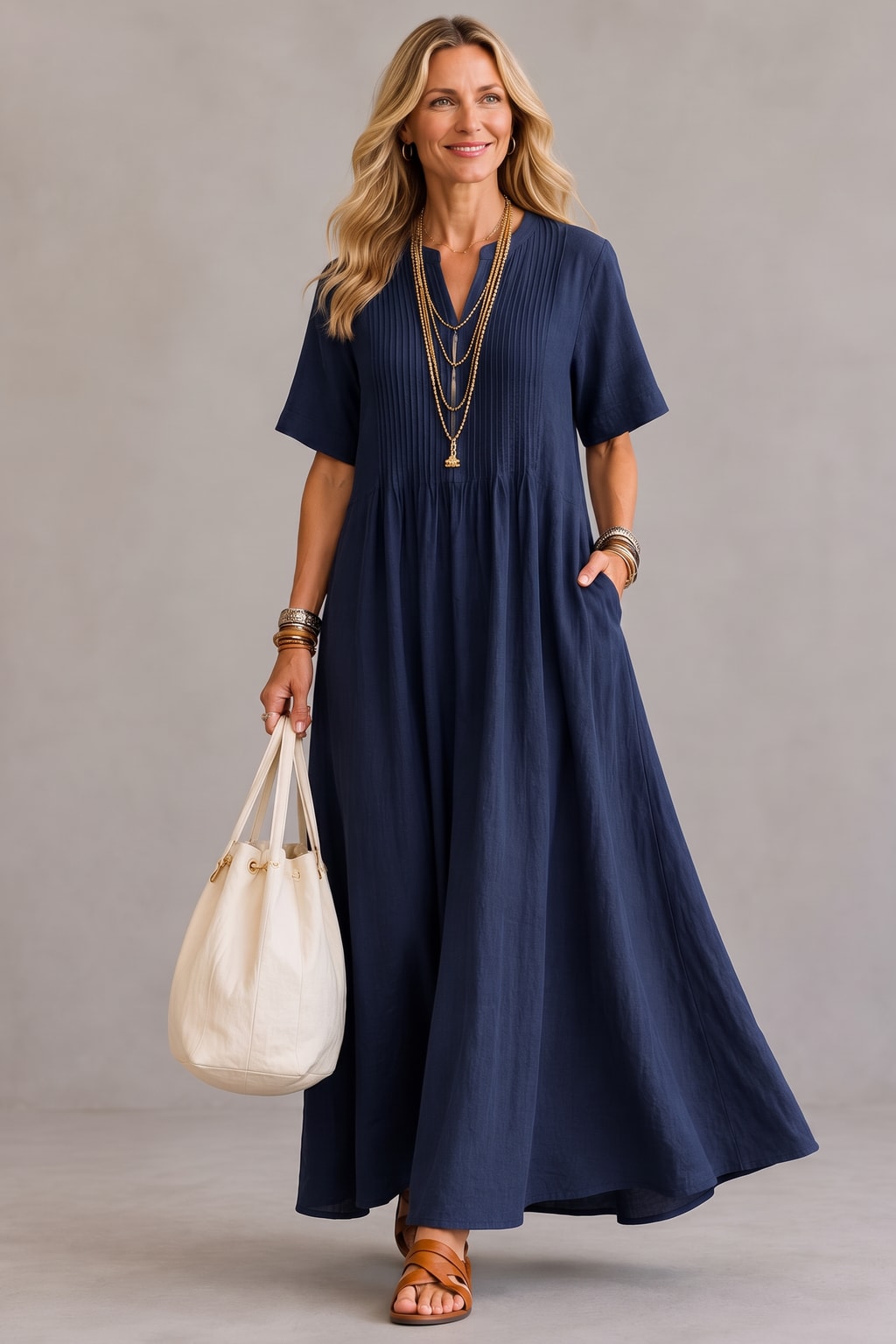 Pleated Maxi Dress With Flowy Fit - 7