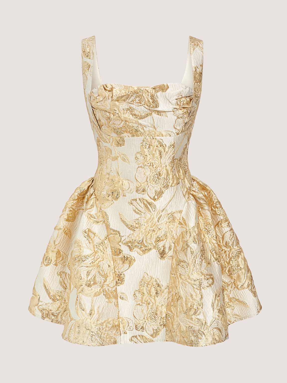 Beige textured floral mini dress with ruched square neck