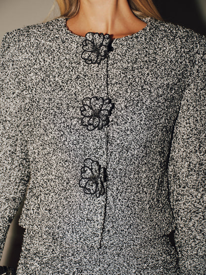 Black and white tweed blazer with 3D floral detail - view 3