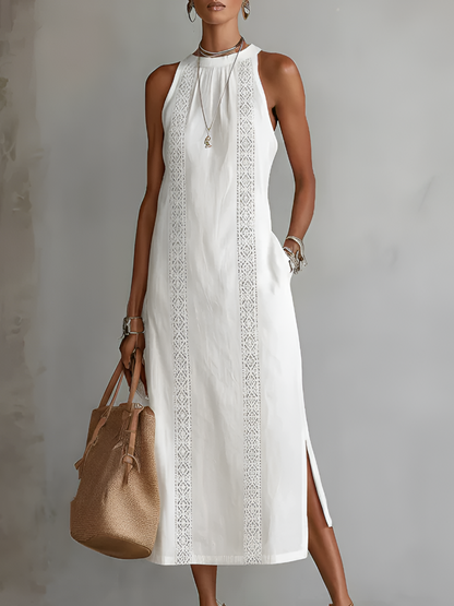 Mao Collar Linen Blend Midi Dress - view 2