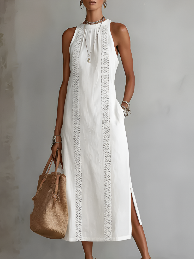Linen-Blend Midi Dress With Mao Collar - 2