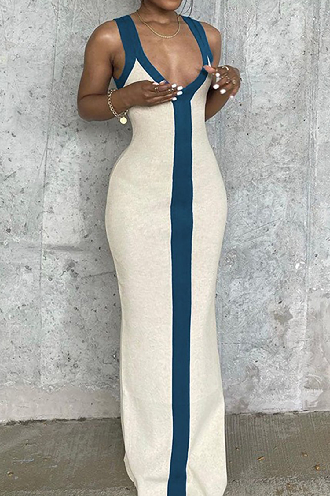 Ribbed colorblock maxi dress with side split - view 3