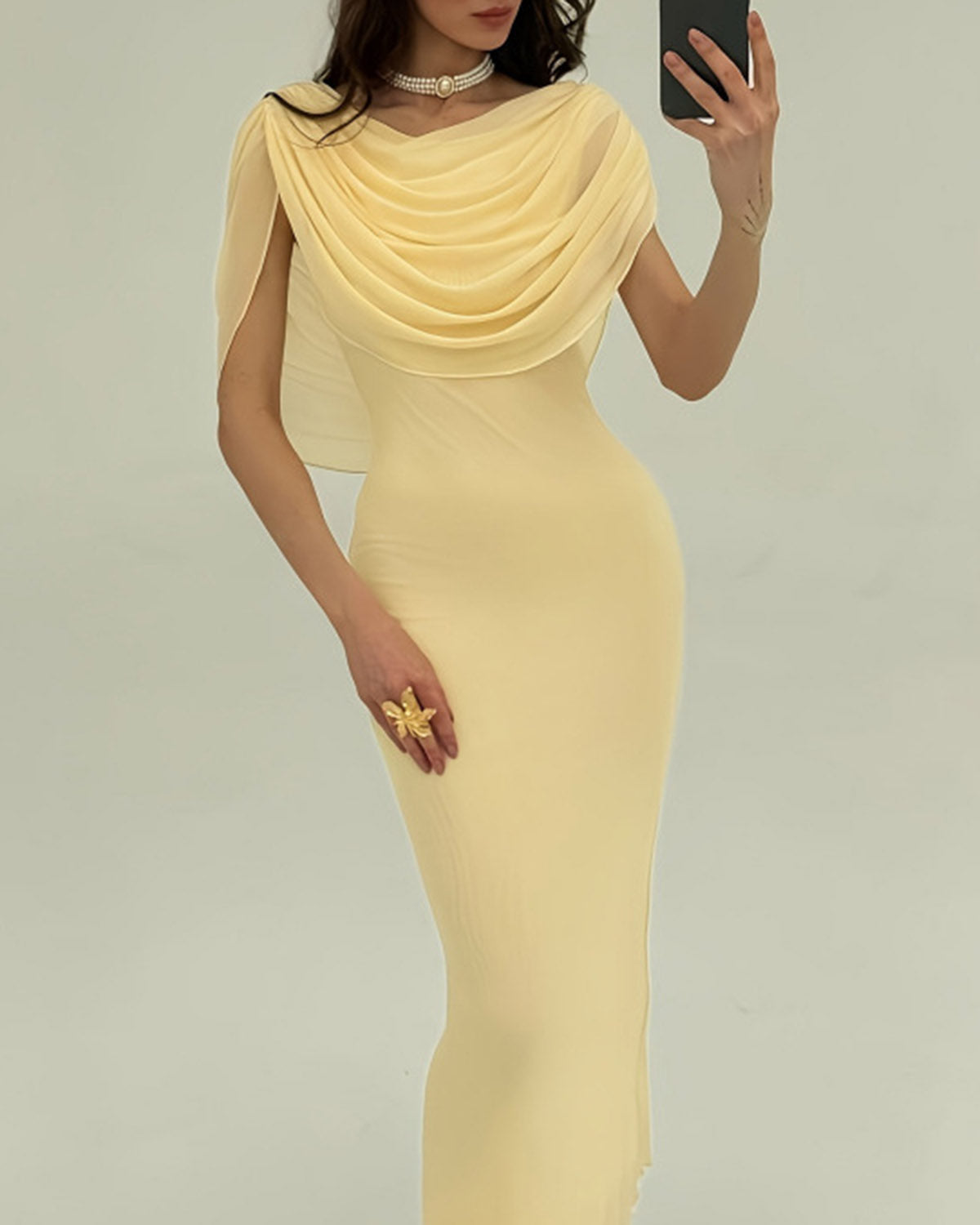 Yellow cowl neck maxi dress with pleated waist - view 5