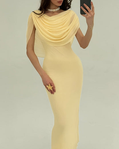 Yellow cowl neck maxi dress with pleated waist - view 5