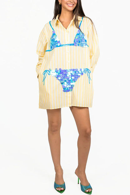 Striped Long-Sleeve Button-Up Tunic - view 6
