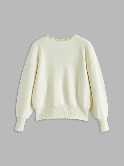 White knit cardigan with pearl trim - view 6