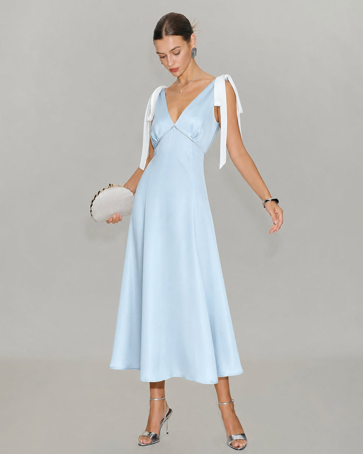 Blue V-neck satin midi dress with ruched cutout waist - view 5