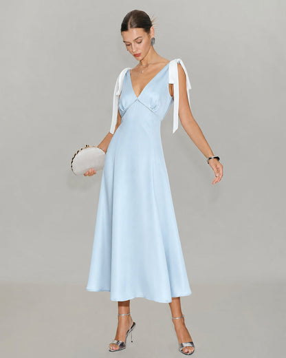 Blue V-neck satin midi dress with ruched cutout waist - view 5