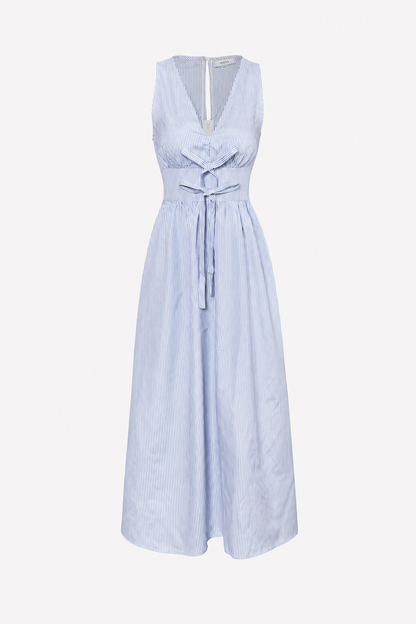 Blue Striped Maxi Dress with Tie Front