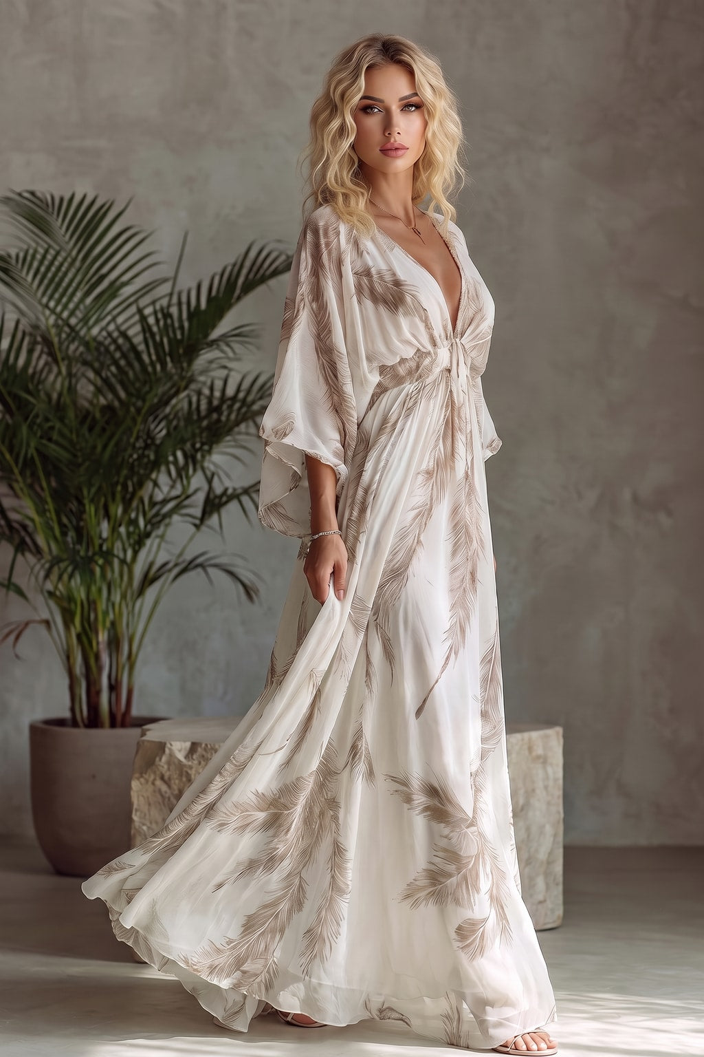 Chiffon Maxi Dress with Kimono Sleeves - 2
