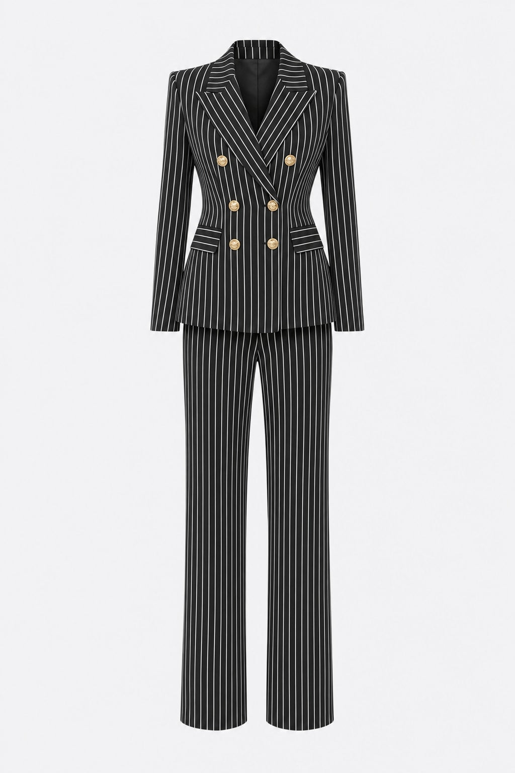 Elegant Pinstripe Double-Breasted Blazer & Wide-Leg Pants Set - 1