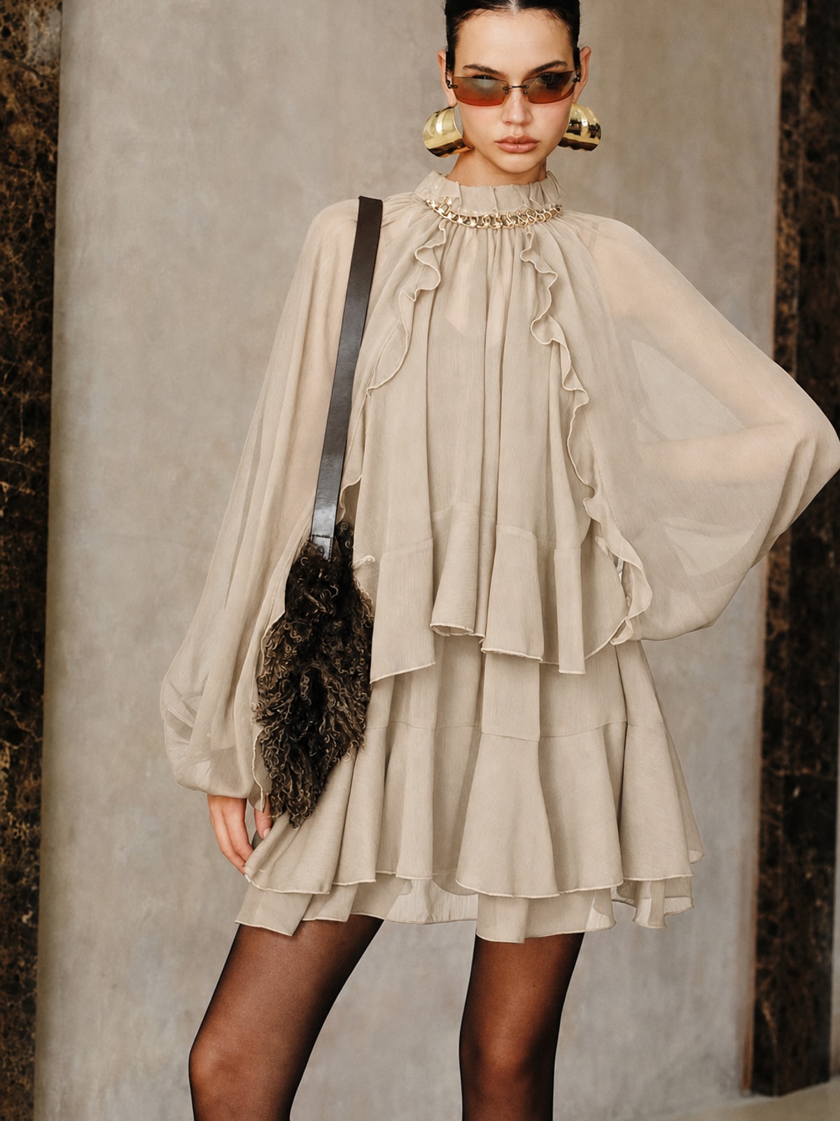 Chiffon Tiered Ruffle Mini Dress - 6