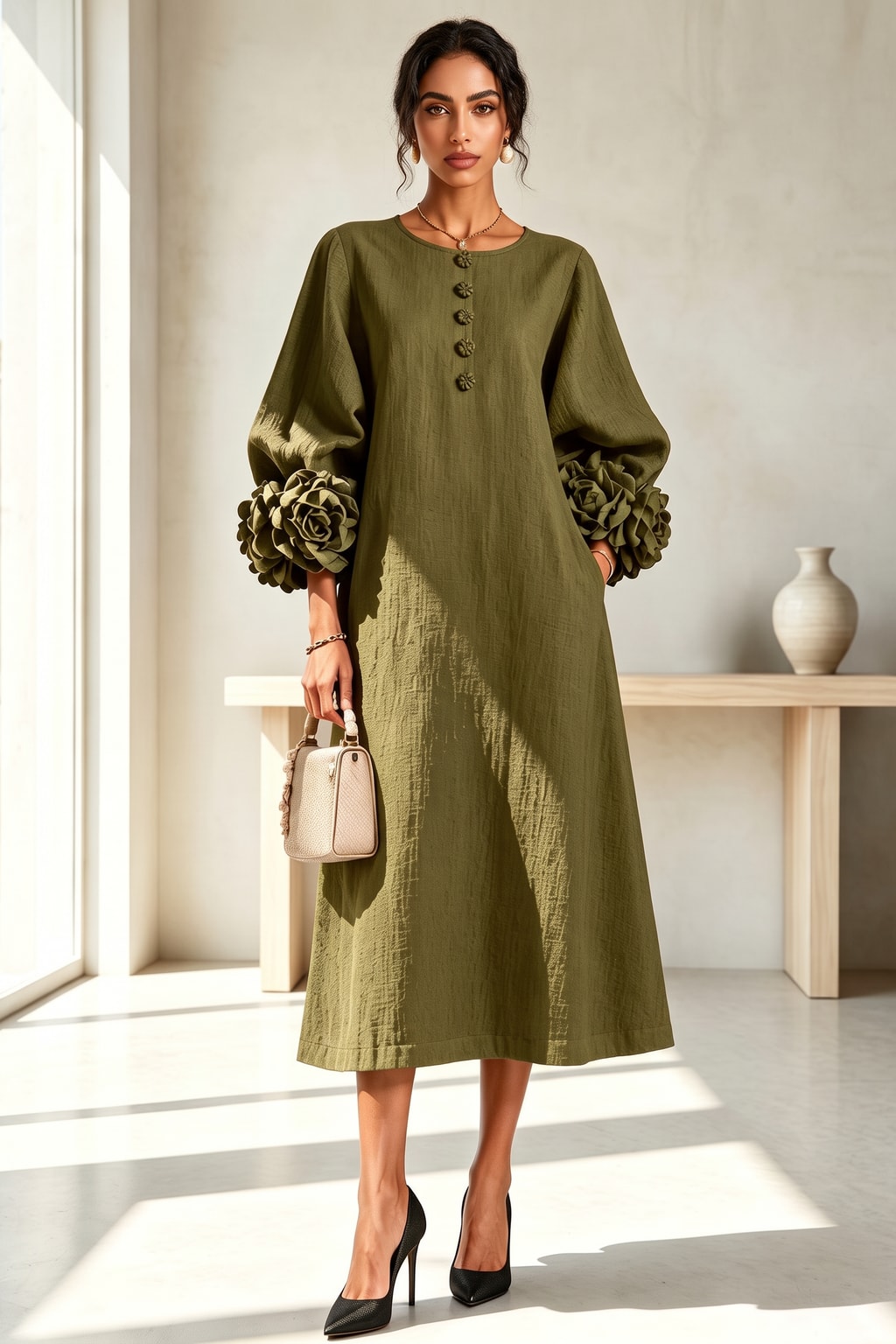 Linen Blend Midi Dress With Button-Down Front - 9