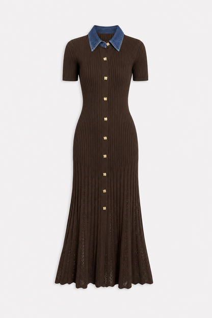 Ribbed knit maxi dress with denim collar - view 6