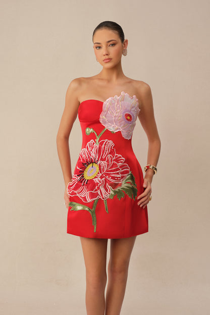 Red satin strapless mini dress with floral embroidery - view 3