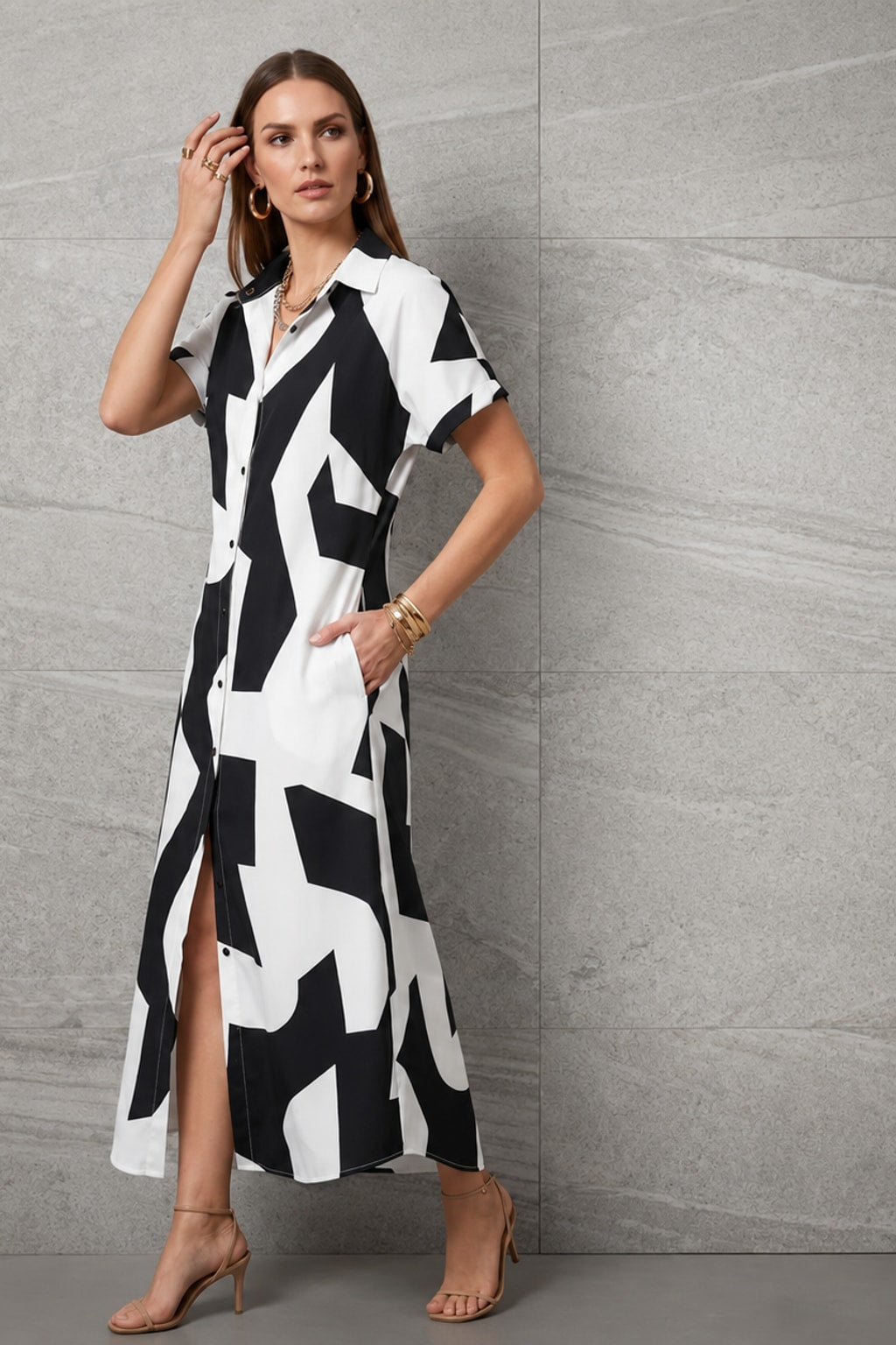Knit Maxi Tunic Dress Geometric Button-Up - 2
