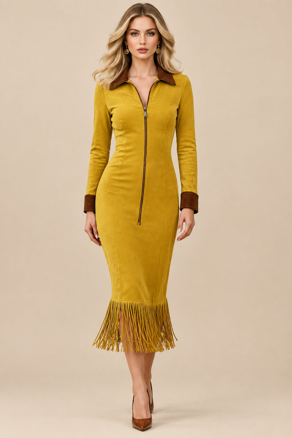 Polyester Midi Dress With Fringe Hem - 4