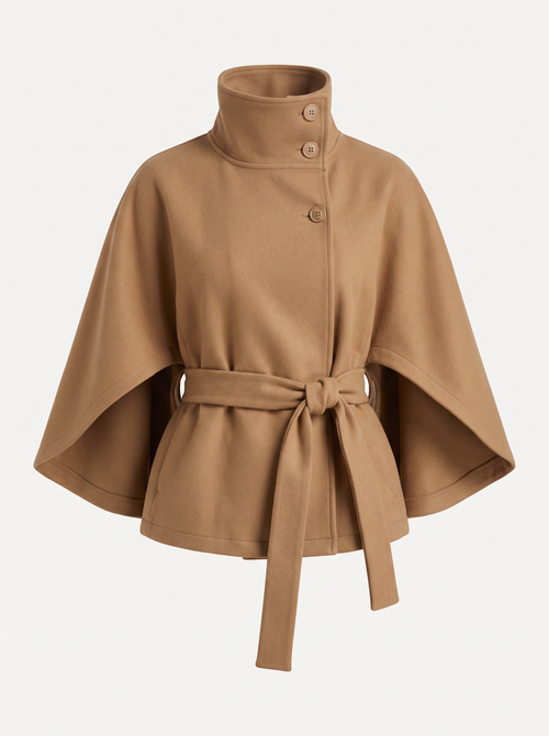 High Collar Cape Coat with Belted Waist