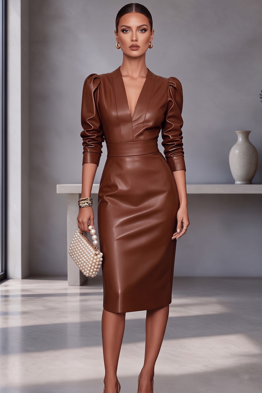 Faux Leather V-Neck Midi Dress - 5