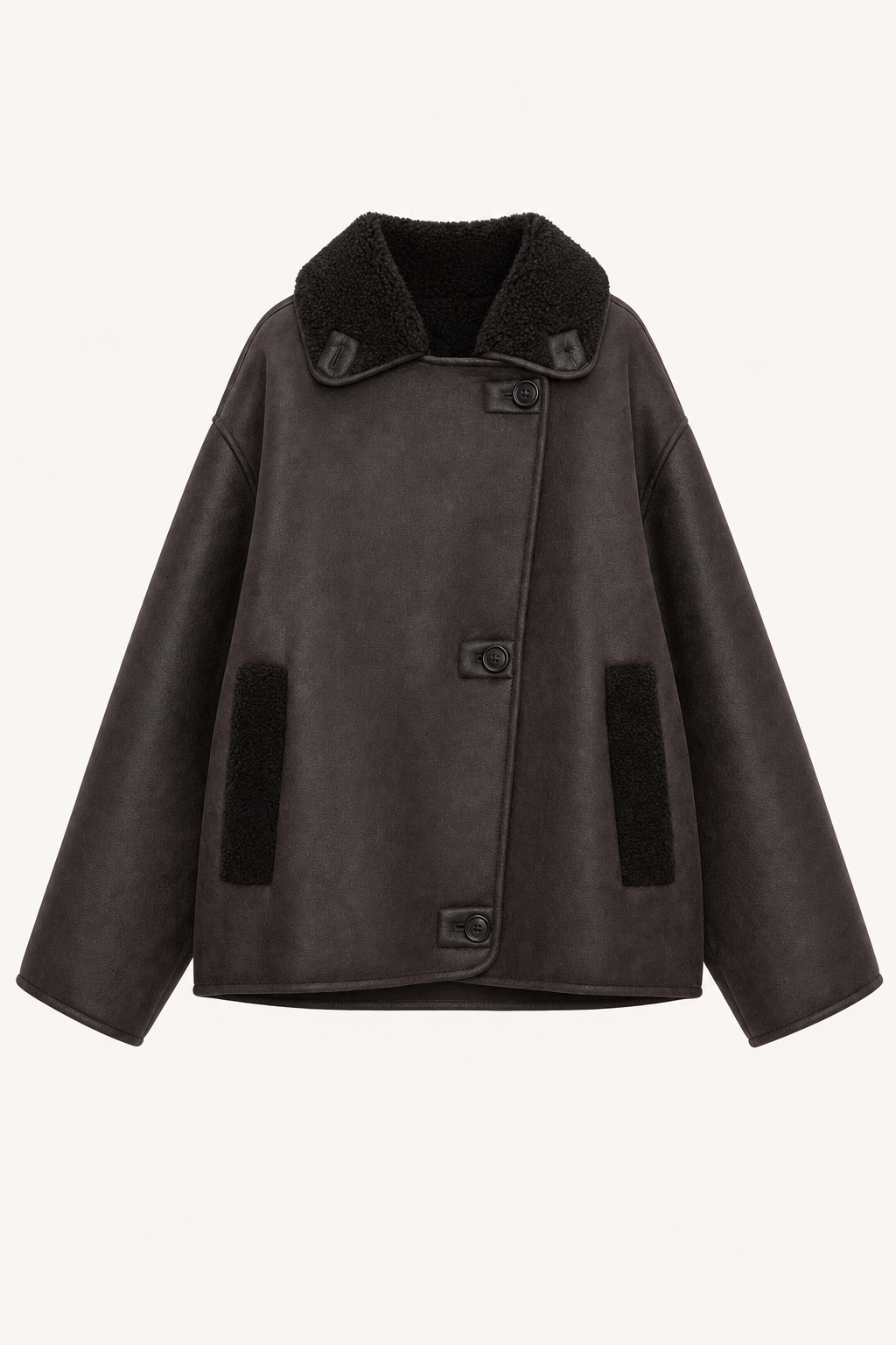 Brown Oversized Collarless Leather Jacket