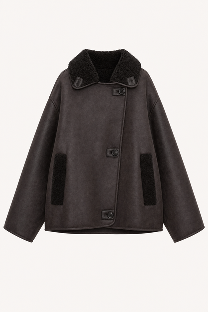 Brown Oversized Collarless Leather Jacket