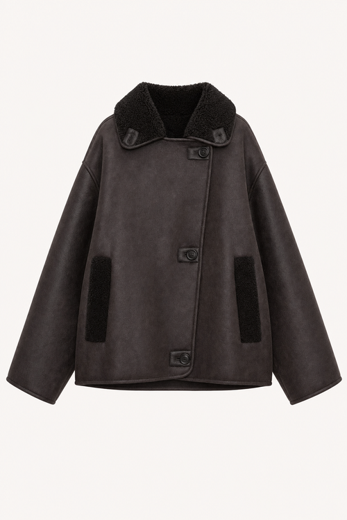 Brown Oversized Collarless Leather Jacket