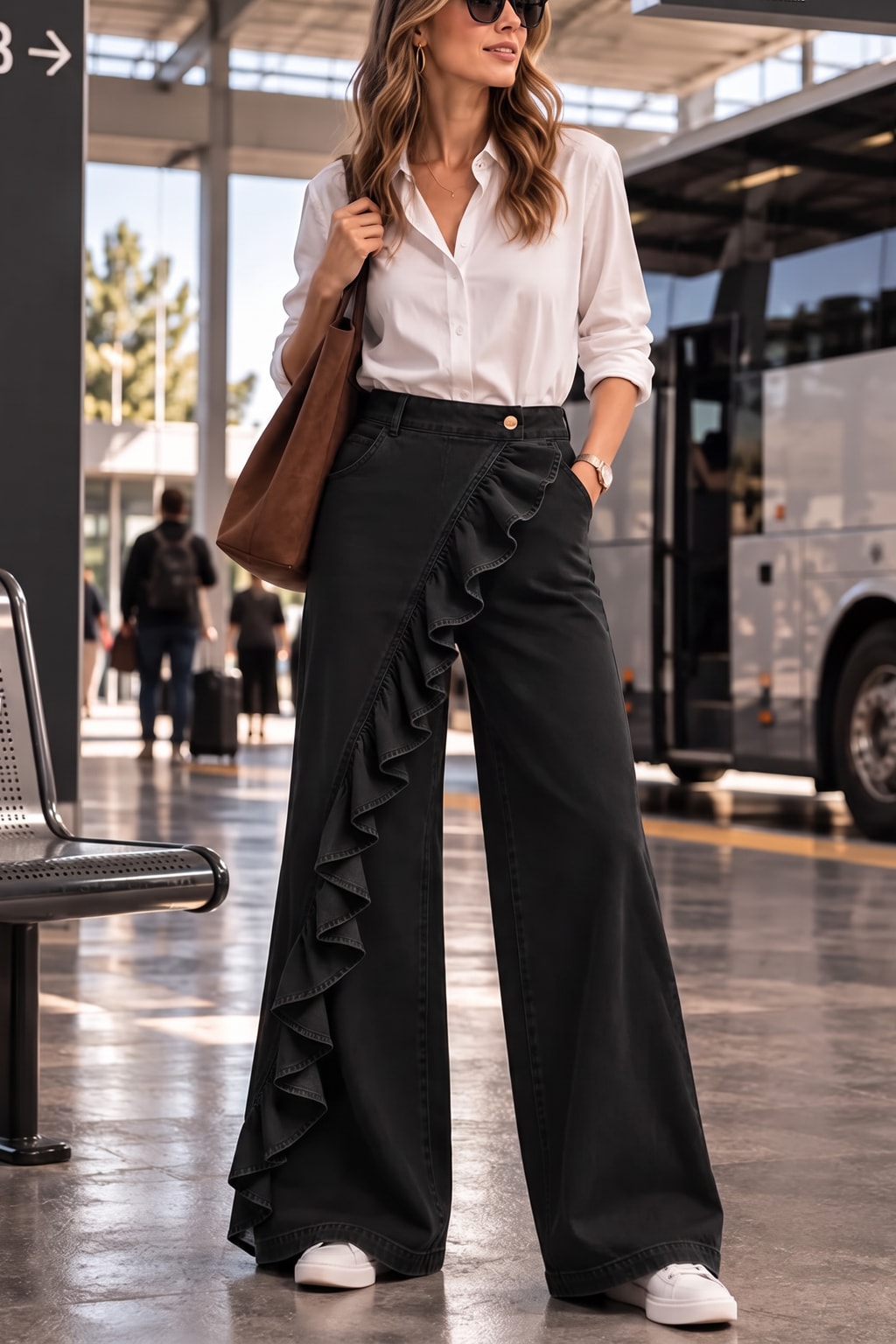 Denim Wide Leg Jeans With Ruffle Trim - 5