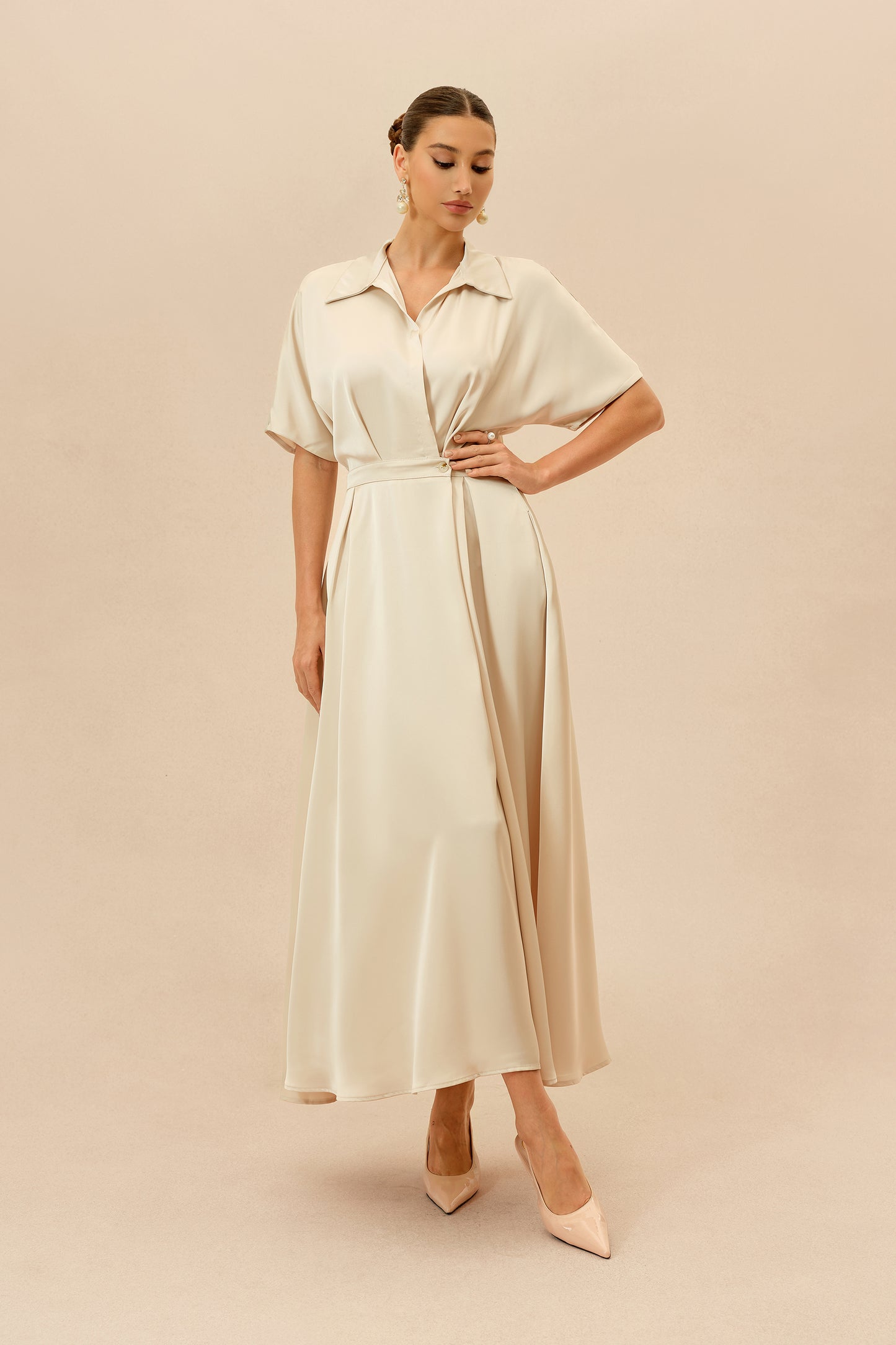 Beige shirt collar maxi dress with twist front - view 6
