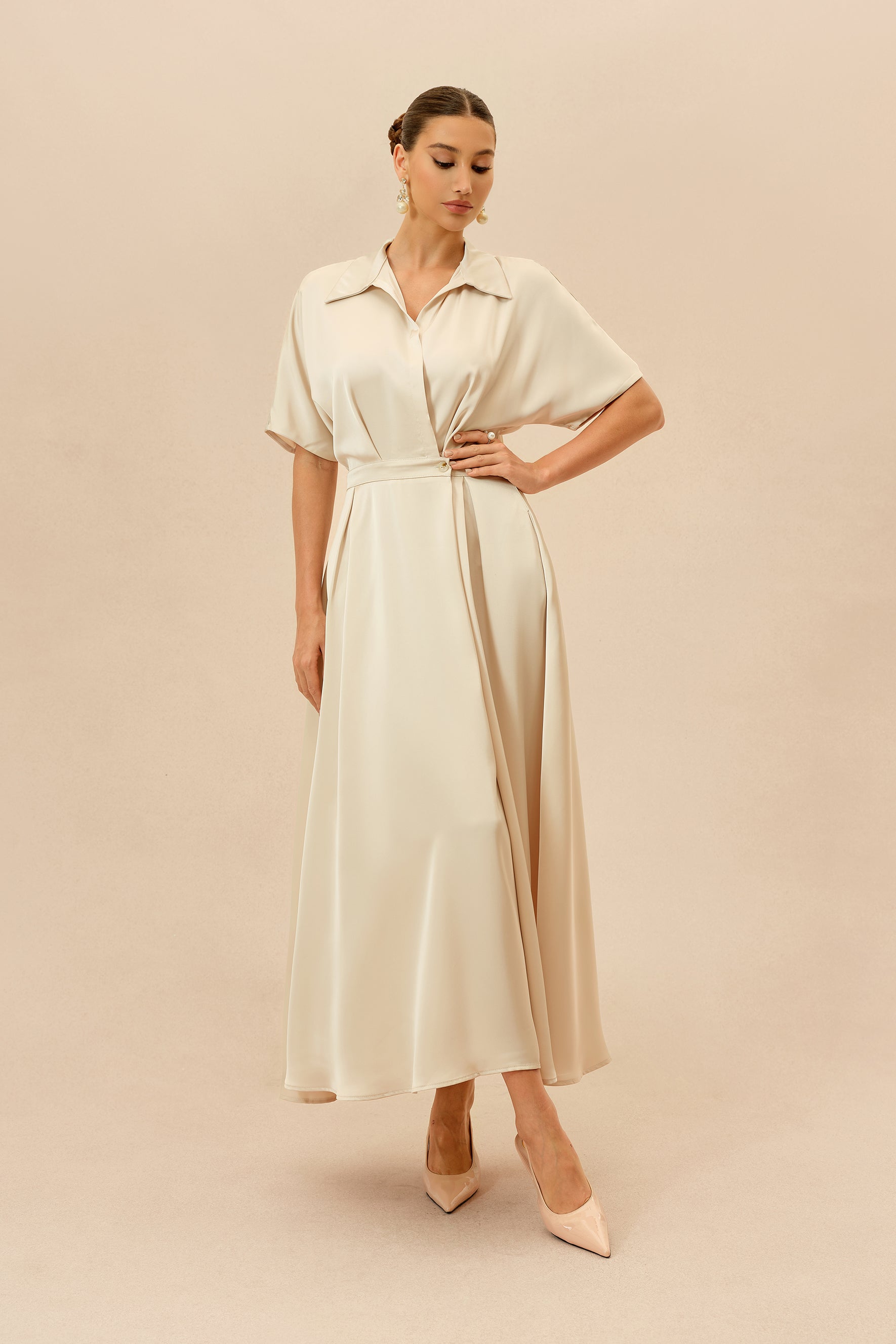 Beige shirt collar maxi dress with twist front - view 6