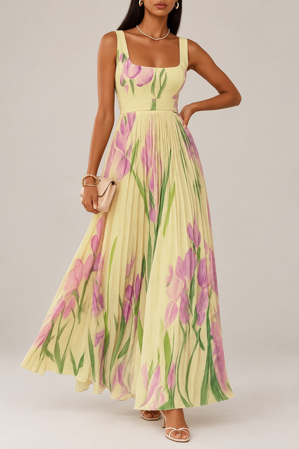 Floral Pleated Midi Dress with Square Neck - 6