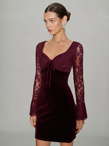 Red velour mini dress with lace splicing - view 3