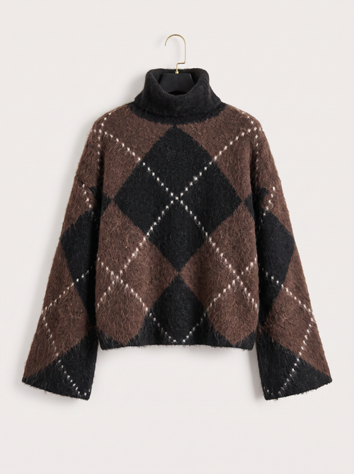 Wool-blend argyle turtleneck sweater
