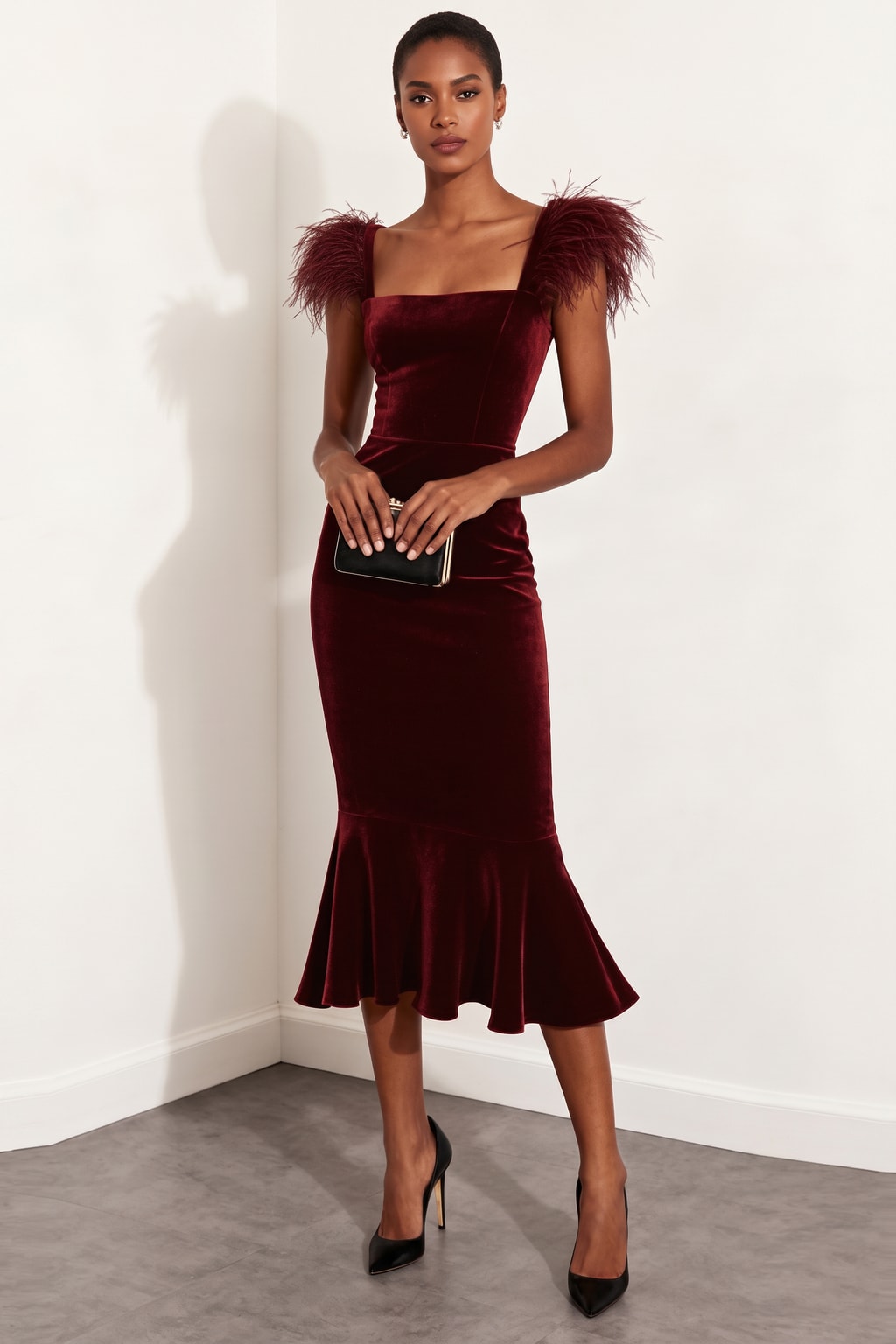 Velvet Mermaid Midi Dress With Feather Trim - 2