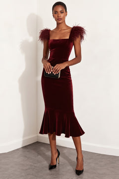 Velvet Mermaid Midi Dress With Feather Trim - 2