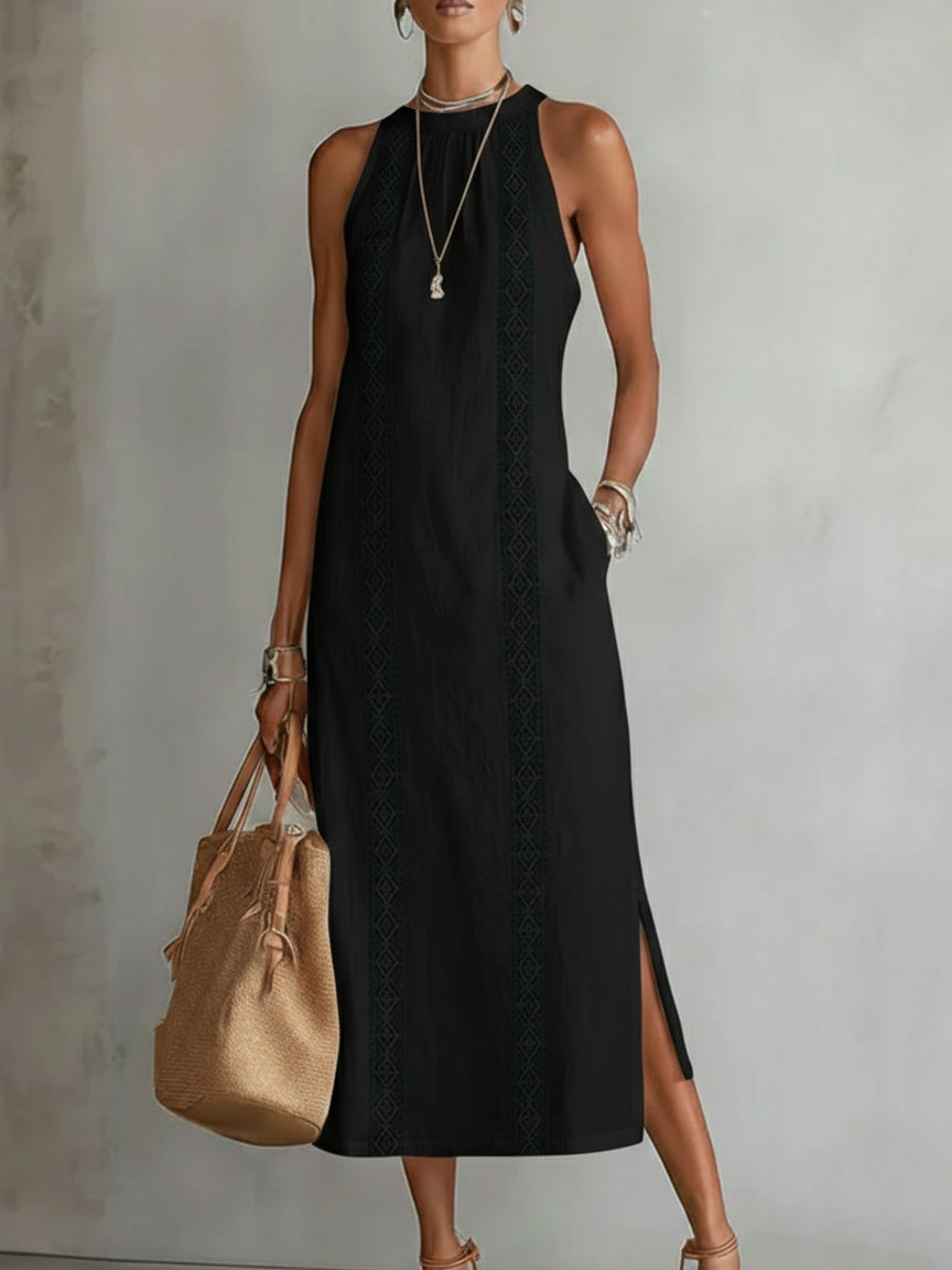Mao Collar Linen Blend Midi Dress - view 7