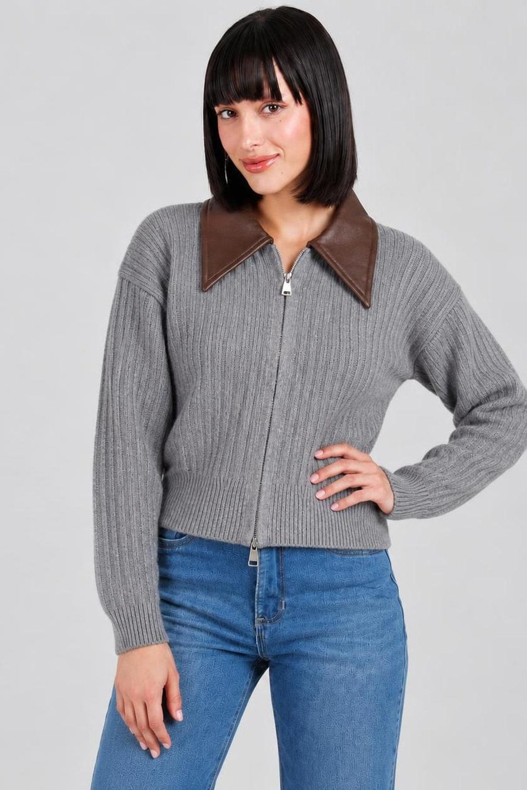 Ribbed Knit Zip-Front Cropped Sweater - 5