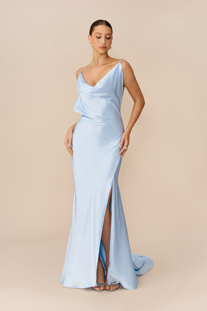 Blue satin cowl neck maxi dress with high side slit - view 2