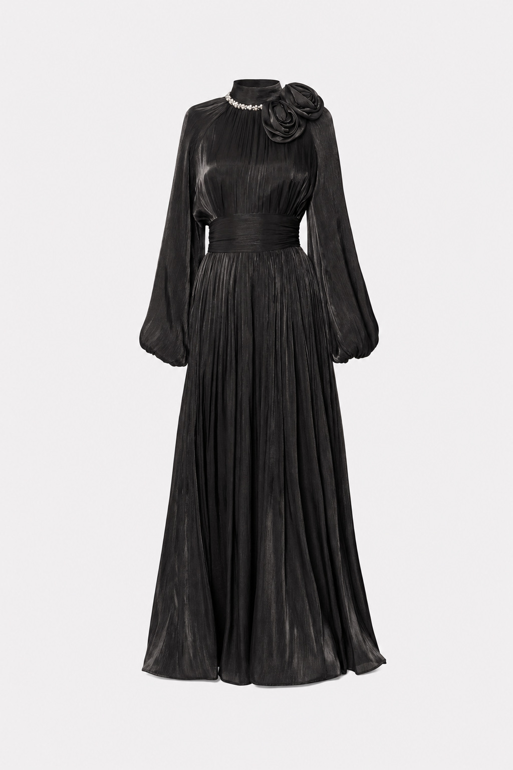 Maxi dress with pearl-trimmed collar and rosette brooches - view 6