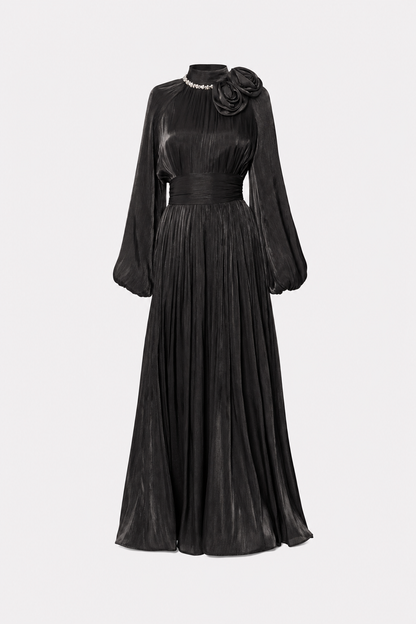 Maxi dress with pearl-trimmed collar and rosette brooches - view 6