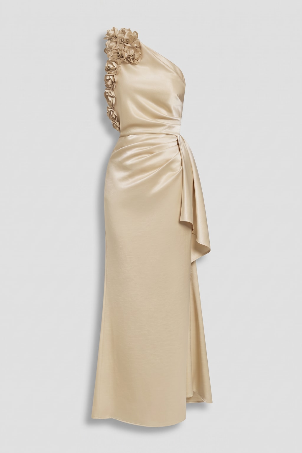 Satin Sheath Gown With Ruched One-Shoulder Bodice - 1