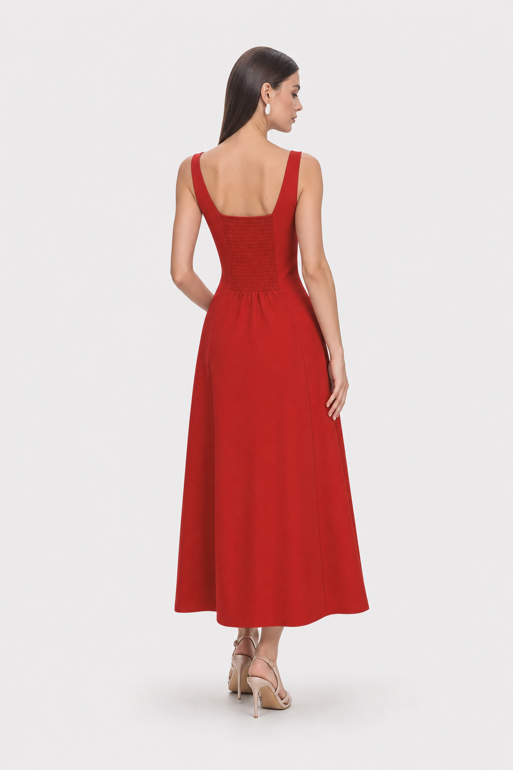 Red square neck maxi dress with button front - view 4