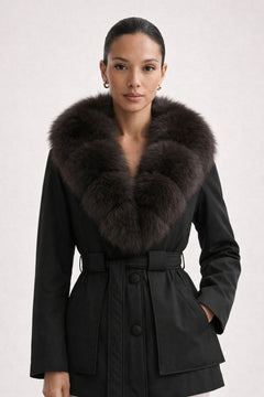 Down Jacket With Fox Fur Collar And Belt - 2