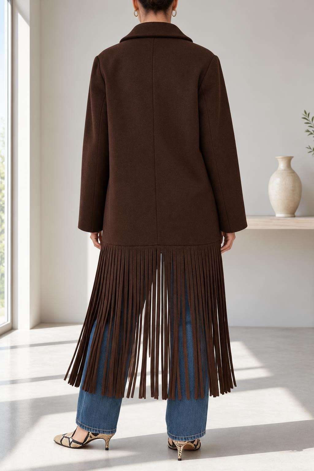 Wool Blend Midi Coat With Tassel Trim Lapel - 3