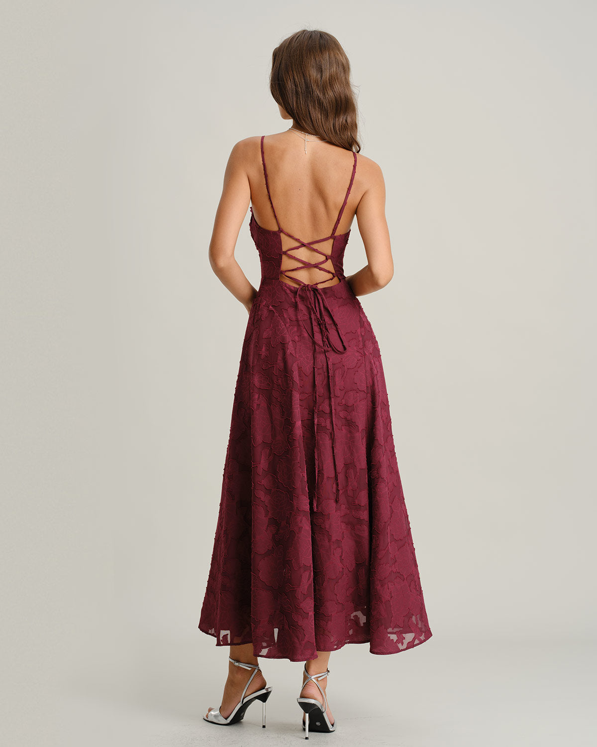 Wine red jacquard slip maxi dress - view 4