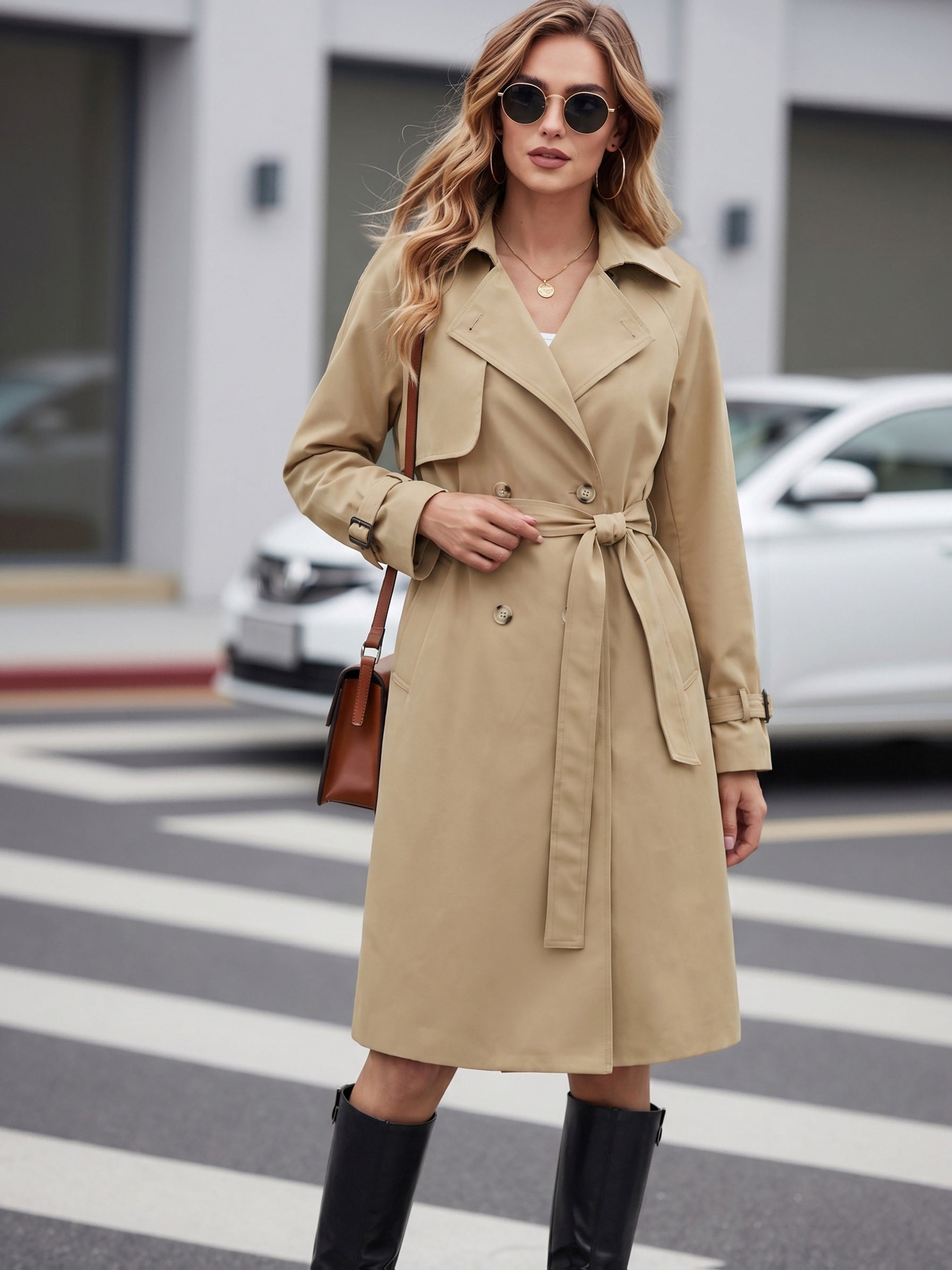 Khaki Double-Breasted Belted Trench Coat - view 4