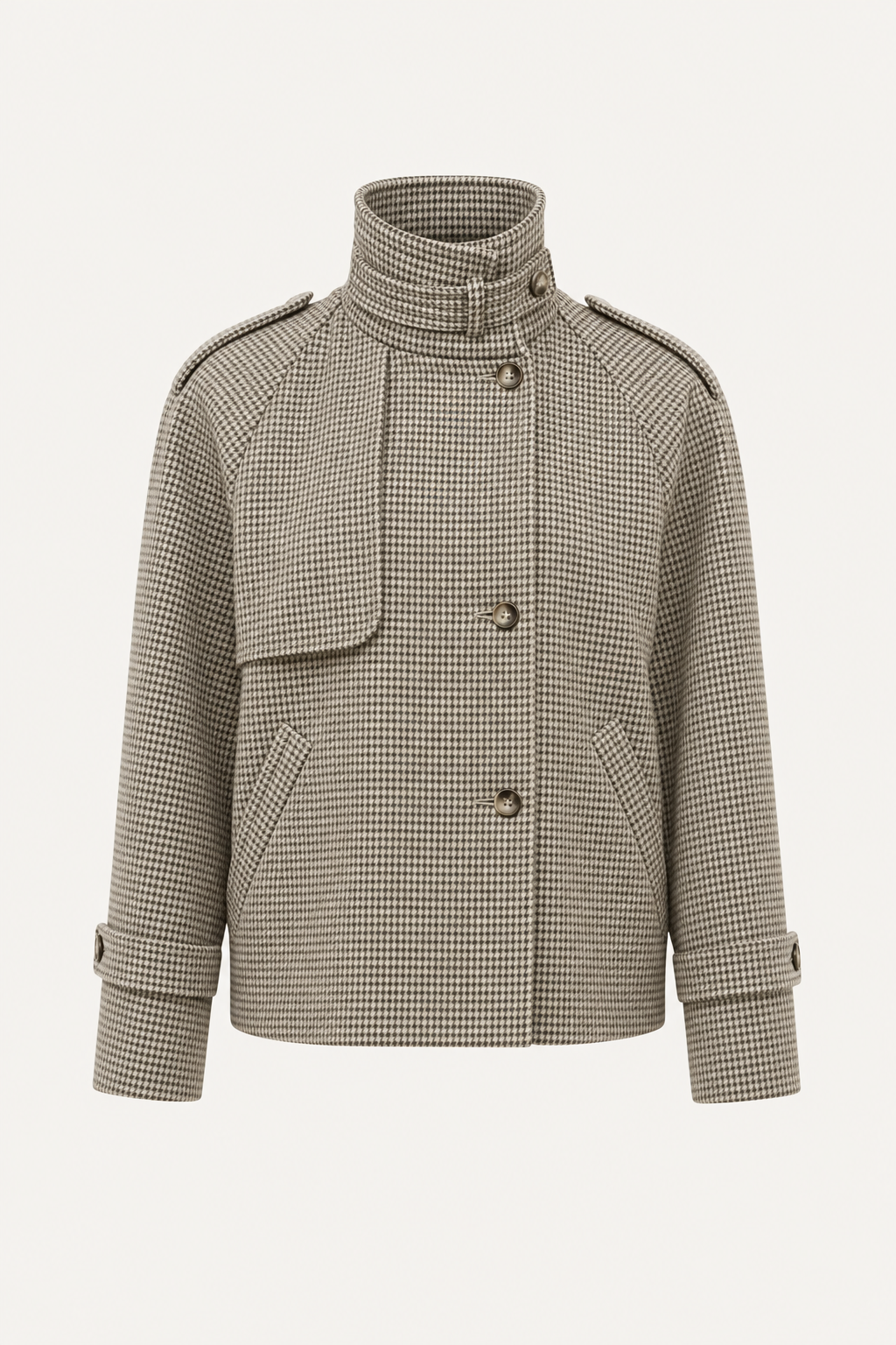 Khaki Houndstooth Cropped Jacket, Stand Collar