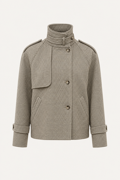 Khaki Houndstooth Cropped Jacket, Stand Collar