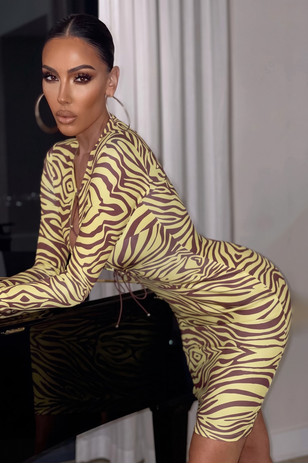 Polyester Pencil Dress Yellow Zebra Print Bodycon Style - 6