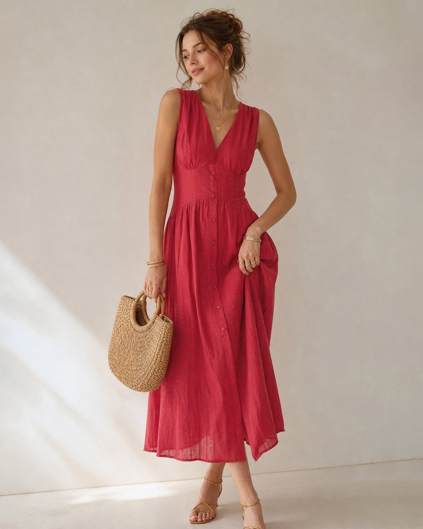 Red V-neck cotton midi dress with side pockets - view 3